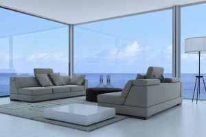 3D Living Room Interior with seascape view